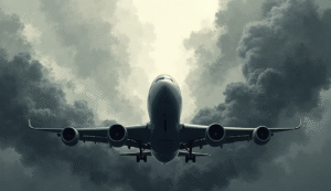 aeroplane about to land showing carbon emission in the sky