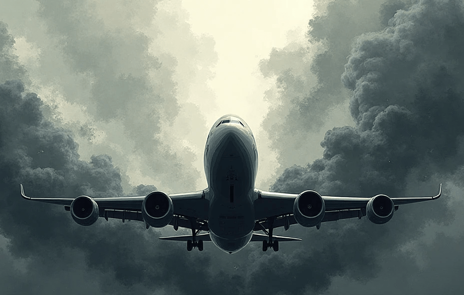 aeroplane about to land showing carbon emission in the sky